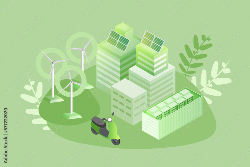 Obraz premium Green city landscape, Smart renewable energy power grid system. Electric car charging with solar panels, wind, power grid and city.