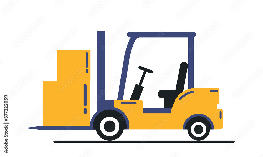 Forklift with boxes. Loader for warehouse. Logistics and transportation of goods and parcels. Online shopping and home delivery, business processes and trade. Cartoon flat vector illustration