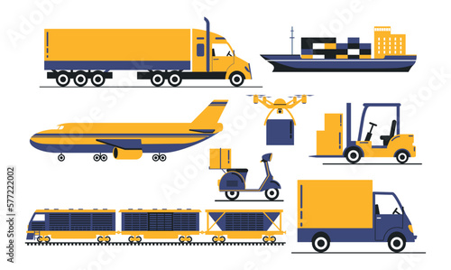 Set of logistics. Collection of vehicles for transporting goods, cargo and parcels. Drone, truck, train, plane and ship. Scooter and van. Cartoon flat vector illustrations isolated on white background