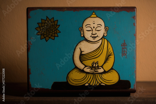 Buddha meditation painted on textured wood. Generative AI