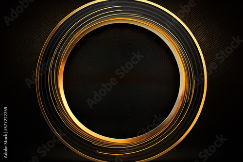 A gold circle frame on a black background, a hologram, incoherents, quantum wavetracing Generative AI photo