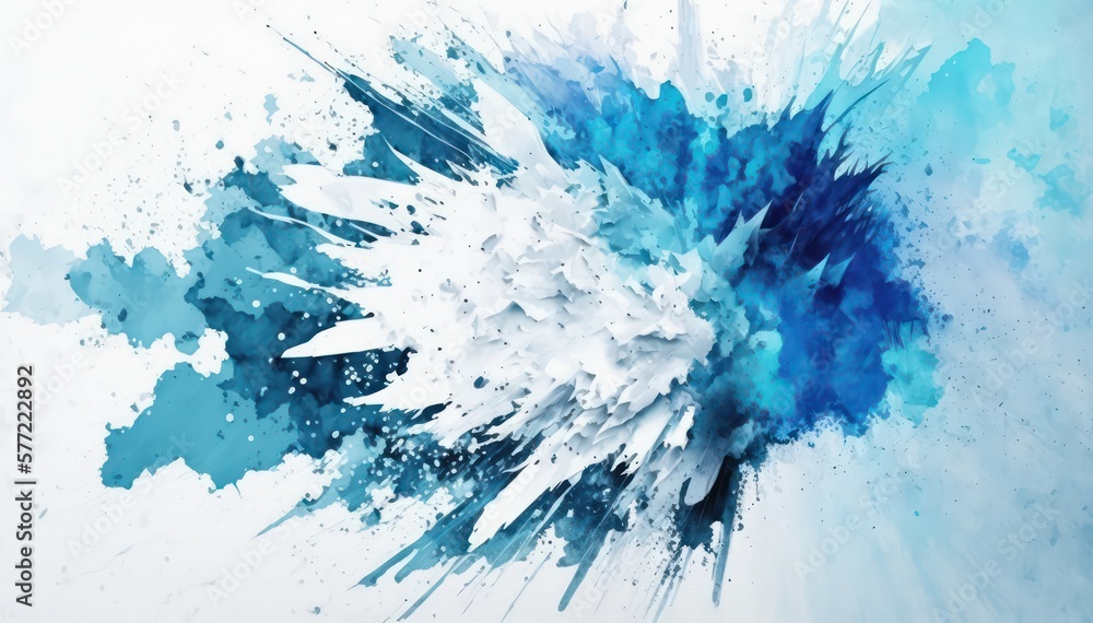 Abstract watercolor background. Blue and white paint splatters. Bright chaotic mono color illustration. Blue and white watercolor wallpaper. Generative AI art.