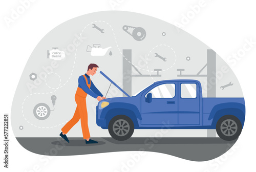 Car service concept. Man in uniform repairs vehicle, opened hood of blue pickup truck and replaces broken parts. Mechanic or worker, maintenance workshop, repair. Cartoon flat vector illustration