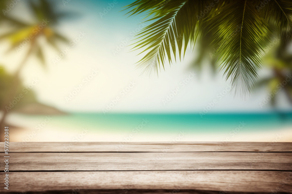 Top of wood table with seascape and palm leaves, blur bokeh light of calm sea and sky at tropical beach background Empty ready for your product display montage. summer vacation backgroun Generative AI