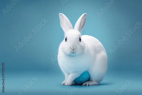 Cute Easter bunny with a blue Easter egg on a blue background. Generative AI © Scarlet