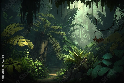 Dreamy fantasy deep jungle lush vegetation  digital illustration