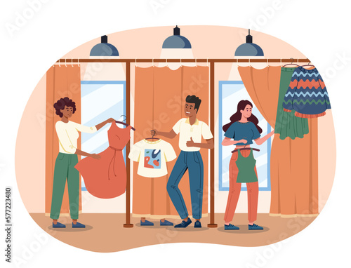 Fitting room in store. Man and women with clothes on hangers. Shoppers in supermarket or boutique. Buyers try on tshirts and dress in clothing store. Cartoon flat vector illustration