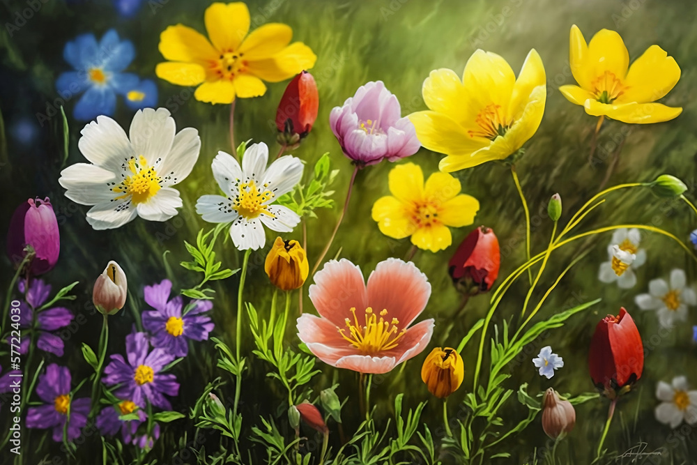 Obraz premium Spring flowers in the grass. Spring concept art. Generative ai. 