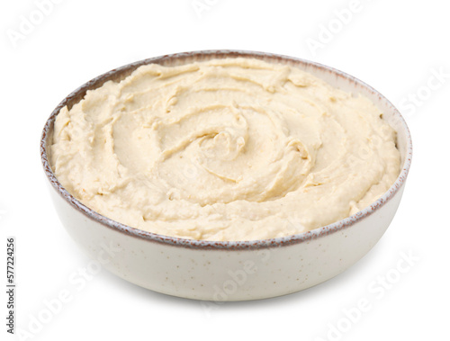 Bowl of delicious hummus isolated on white