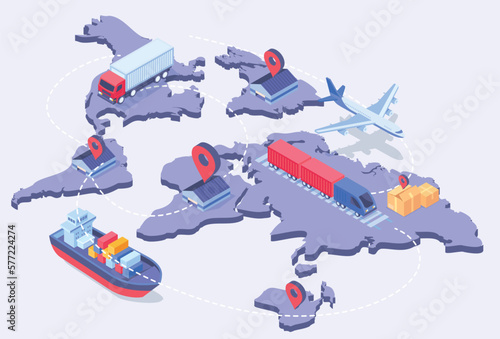 Global logistics isometric. Ship, truck and plane, train and warehouse with pin on map. International trade and business, globalization. Transportation and shipping. Cartoon 3D vector illustration