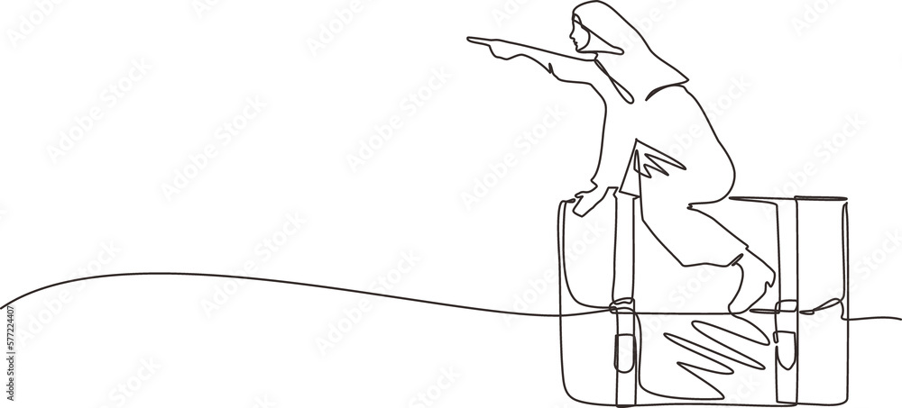 Continuous one line drawing Arabian businesswoman flying on leather business briefcase. Leadership and attack. Business person move achieve success. Single line draw design vector graphic illustration Continuous one line drawing Arabian businesswoman flying on leather business briefcase. Leadership and attack. Business person move achieve success. Single line draw design vector graphic illustration