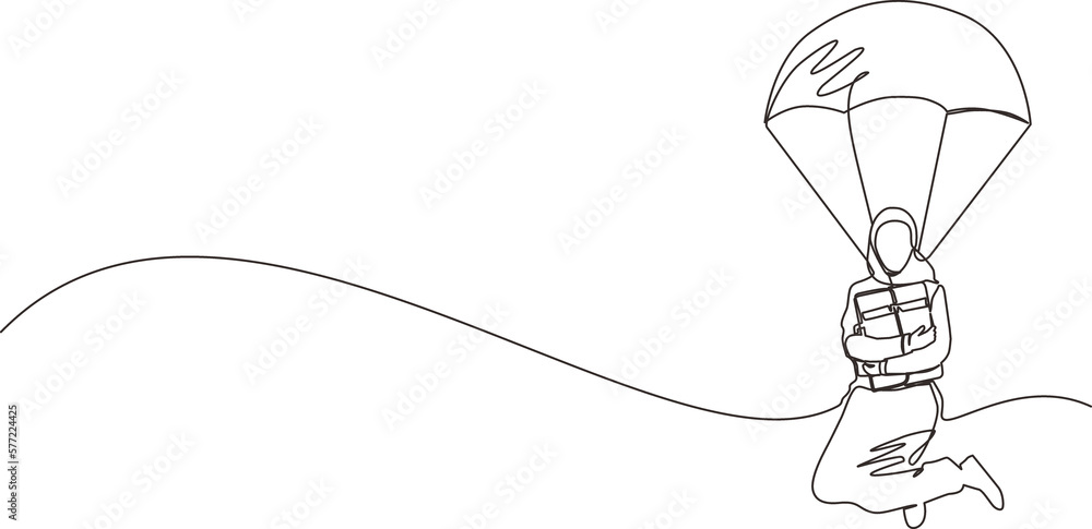 Single one line drawing Arabic businesswoman holding briefcase and jumping with parachute. Business people skydiver risk danger, safety concept. Continuous line draw design graphic vector illustration Single one line drawing Arabic businesswoman holding briefcase and jumping with parachute. Business people skydiver risk danger, safety concept. Continuous line draw design graphic vector illustration