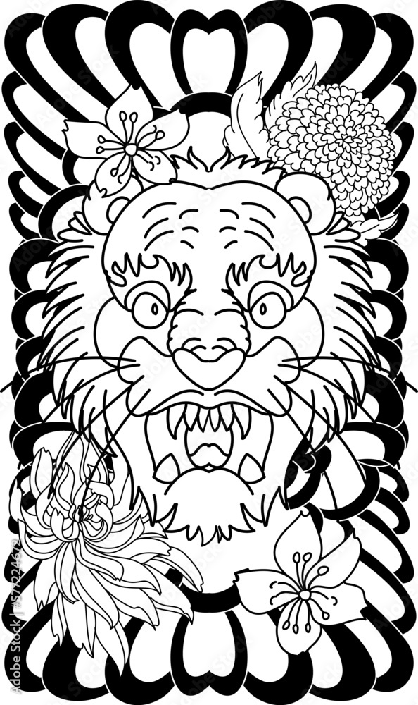 Fototapeta premium outline tiger face tattoo with chrysanthemum flower and cherry blossom.Tiger tattoo Japanese style.Traditional Japanese culture for printing and coloring book on background.