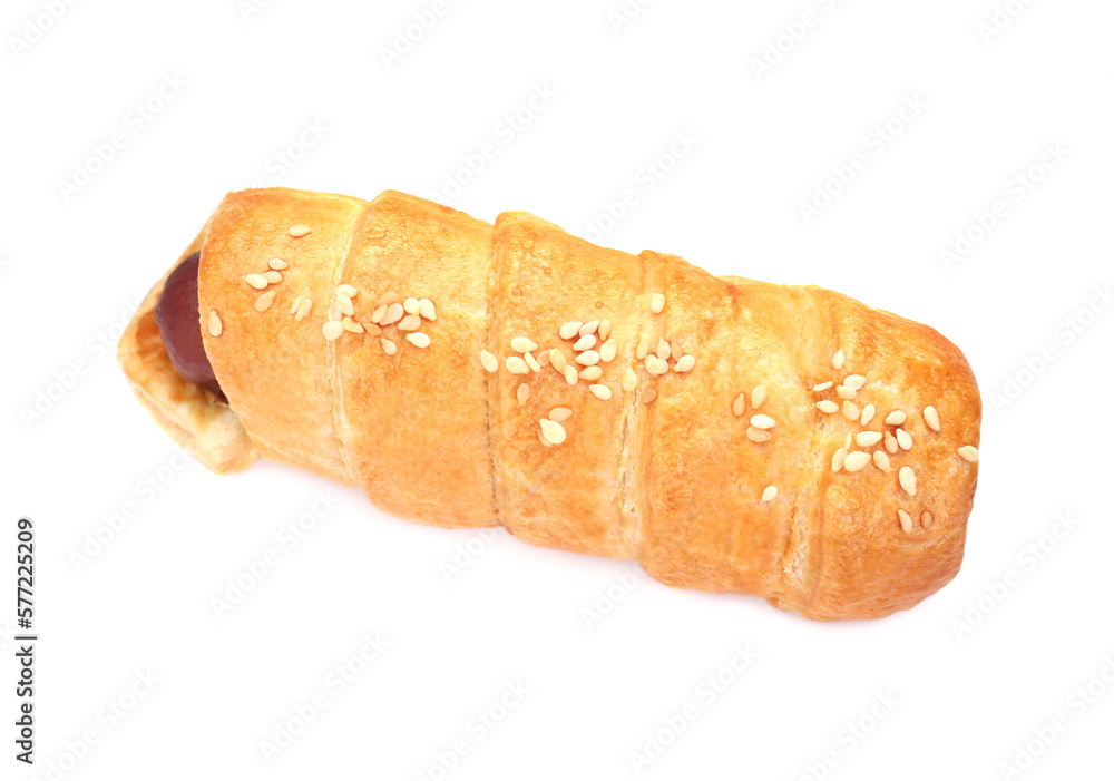 One delicious sausage roll isolated on white, top view