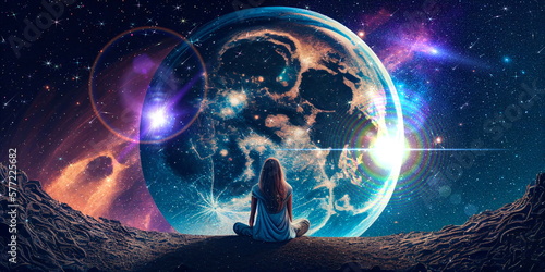 young woman sit on earth and watch big moon  on space night starry sky flares esoteric concept background generated ai photo