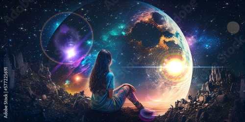 Fototapeta young woman sit on earth and watch big moon  on space night starry sky flares e