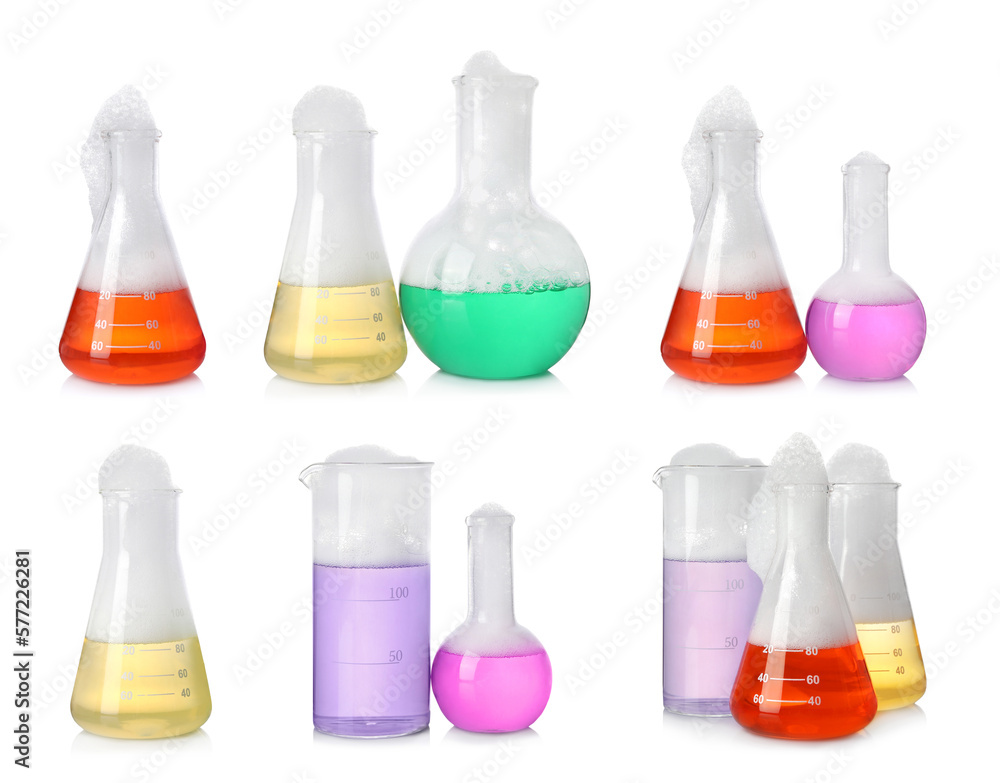 Set of flasks and beakers with colorful liquids on white background. Chemical reaction