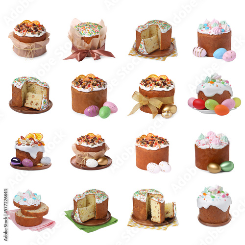 Collage of festively decorated Easter cakes on white background