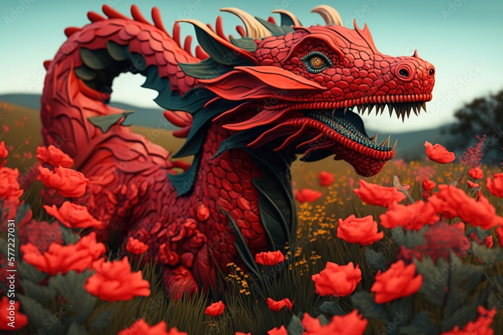 A beautiful Chinese dragon, red, made of wood, among the branches of a forest. AI generated. A beautiful Chinese dragon, red, made of wood, among the branches of a forest. AI generated.