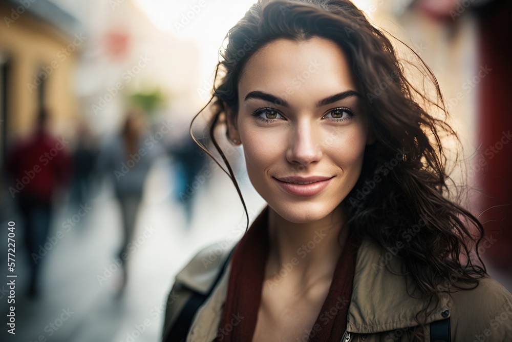 Very beautiful and attractive young Latin woman, looking at the camera while walking down the street. Ai generated. Very beautiful and attractive young Latin woman, looking at the camera while walking down the street. Ai generated.
