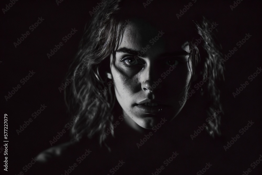 Realistic close-up of a woman with expressive face of power, isolated on black and with shadows and high contrast. Ai generated.