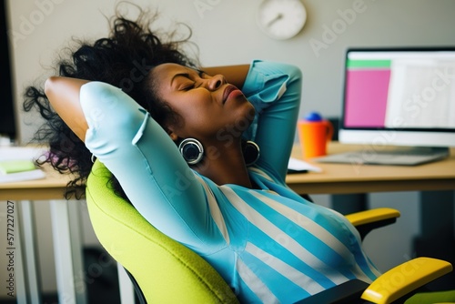 A black woman who works in her office stretches her arms out of exhaustion and stress. Ai generated.