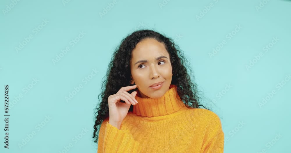 Thinking, happy and eureka with a black woman in studio on a blue background for inspiration or breakthrough. Idea, smile and lightbulb moment with an attractive young female contemplating motivation Thinking, happy and eureka with a black woman in studio on a blue background for inspiration or breakthrough. Idea, smile and lightbulb moment with an attractive young female contemplating motivation