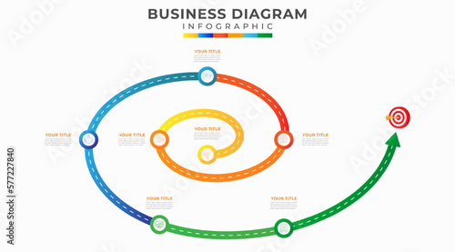 7 Steps Modern Timeline diagram with spiral road concept and symbol icon, presentation vector infographic. Infographic template for business. 