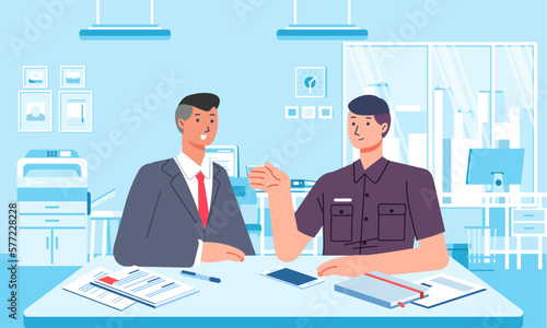 Businessan discussing deals sharing ideas at meeting, business partners negotiating in modern office colleagues talking working together
