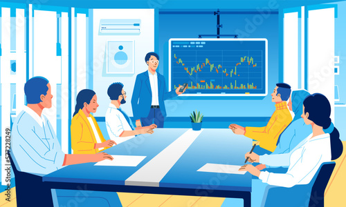Businessman man woman meeting in office to present project Analytical Data Statistics Financial Reports Company