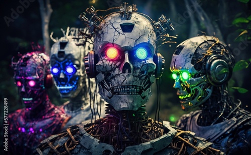 Four Cybernetic Human Skeletons with Colorful Glowing Neon Eyes Generative AI