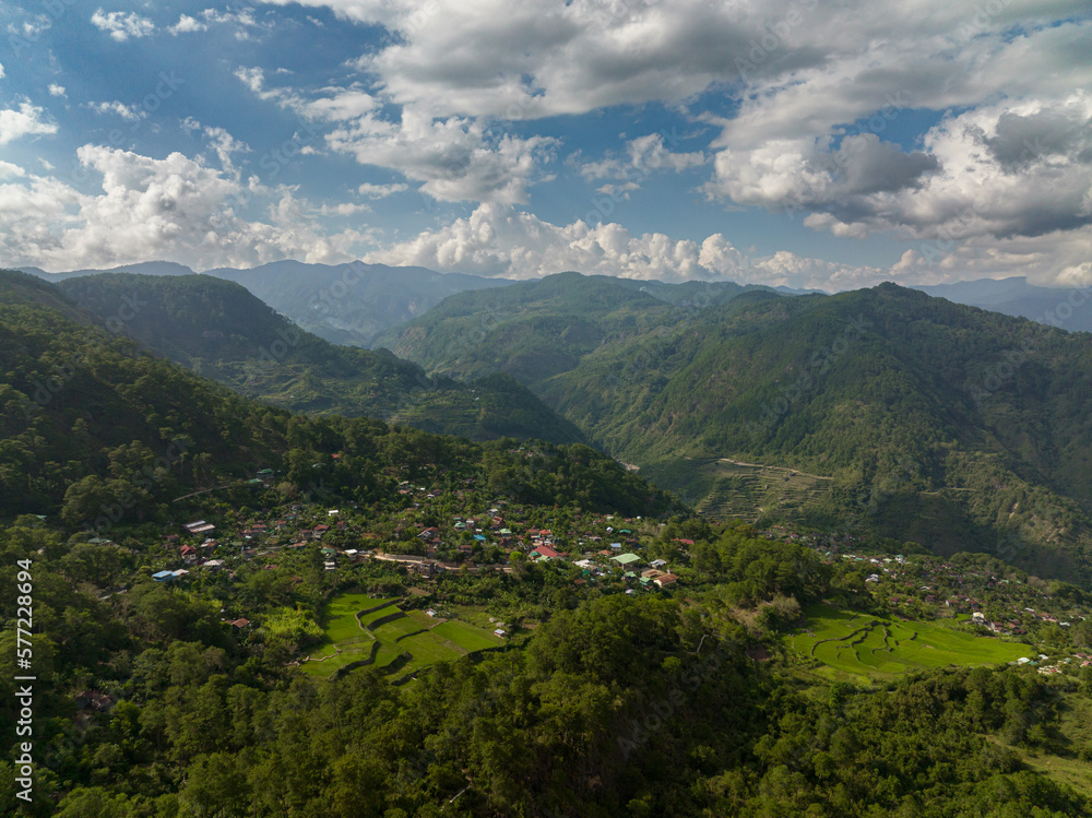 Agricultural plantations and rice terraces on hillsides in a mountainous area. Philippines, Luzon.