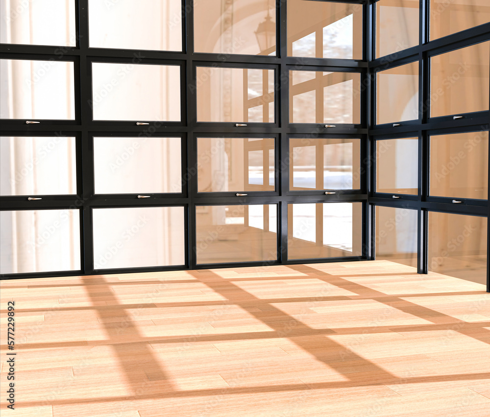 Room interior background with gridded metal frame wall and light wooden tiled floor with light reflections. 3d rendering. Room interior background with gridded metal frame wall and light wooden tiled floor with light reflections. 3d rendering.