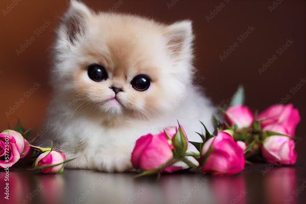 cute small baby kitten lies among the pink roses, generative AI