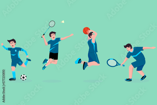 vector men doing sports, football, badminton, basketball and tennis