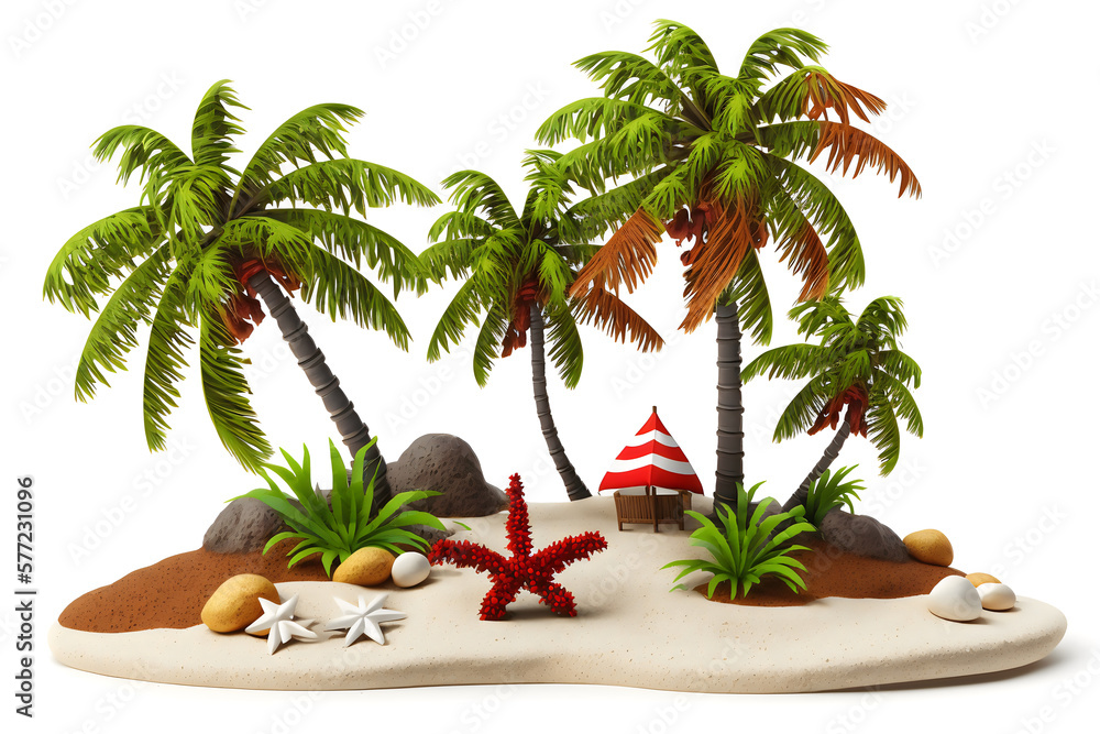 Obraz premium Beautiful 3D Rendering of a Tropical Beach with Palm Trees, Coconuts, and Red Starfish, Generative AI