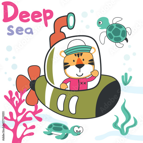 Diving with funny tiger driving submarine. Creative vector childish background for fabric  textile  nursery wallpaper  poster  card  brochure. vector illustration background.