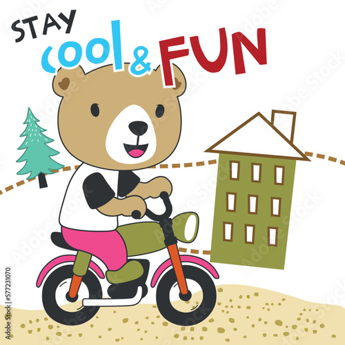 vector illustration of cute little bear ride motorcycle. Creative vector childish background for fabric  textile  nursery wallpaper  poster  card  brochure. and other decoration.