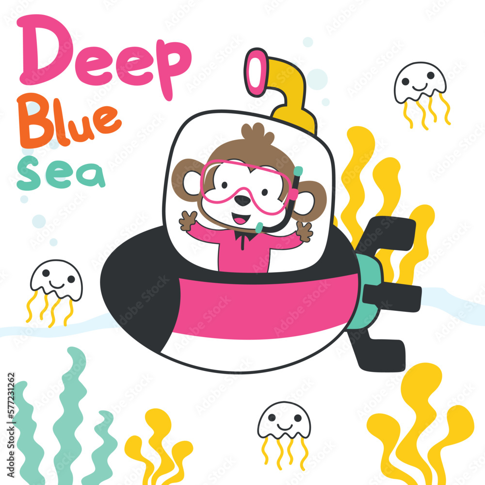 Diving with funny monkey driving submarine. Creative vector childish background for fabric, textile, nursery wallpaper, poster, card, brochure. vector illustration background.