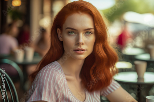 Portrait of a young woman with ginger hair sitting in a coffee shop in a beautiful day, generative ai