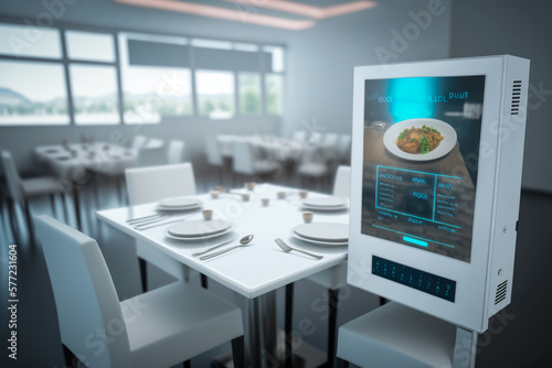 automation white restaurant with smart screen or hologram, future concept, generative ai photo