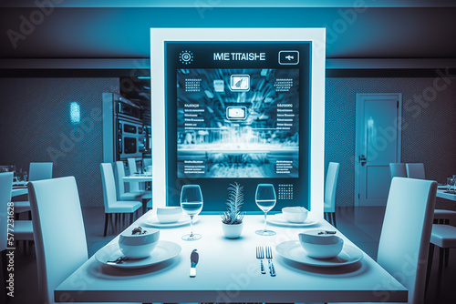 automation white restaurant with smart screen or hologram, future concept, generative ai