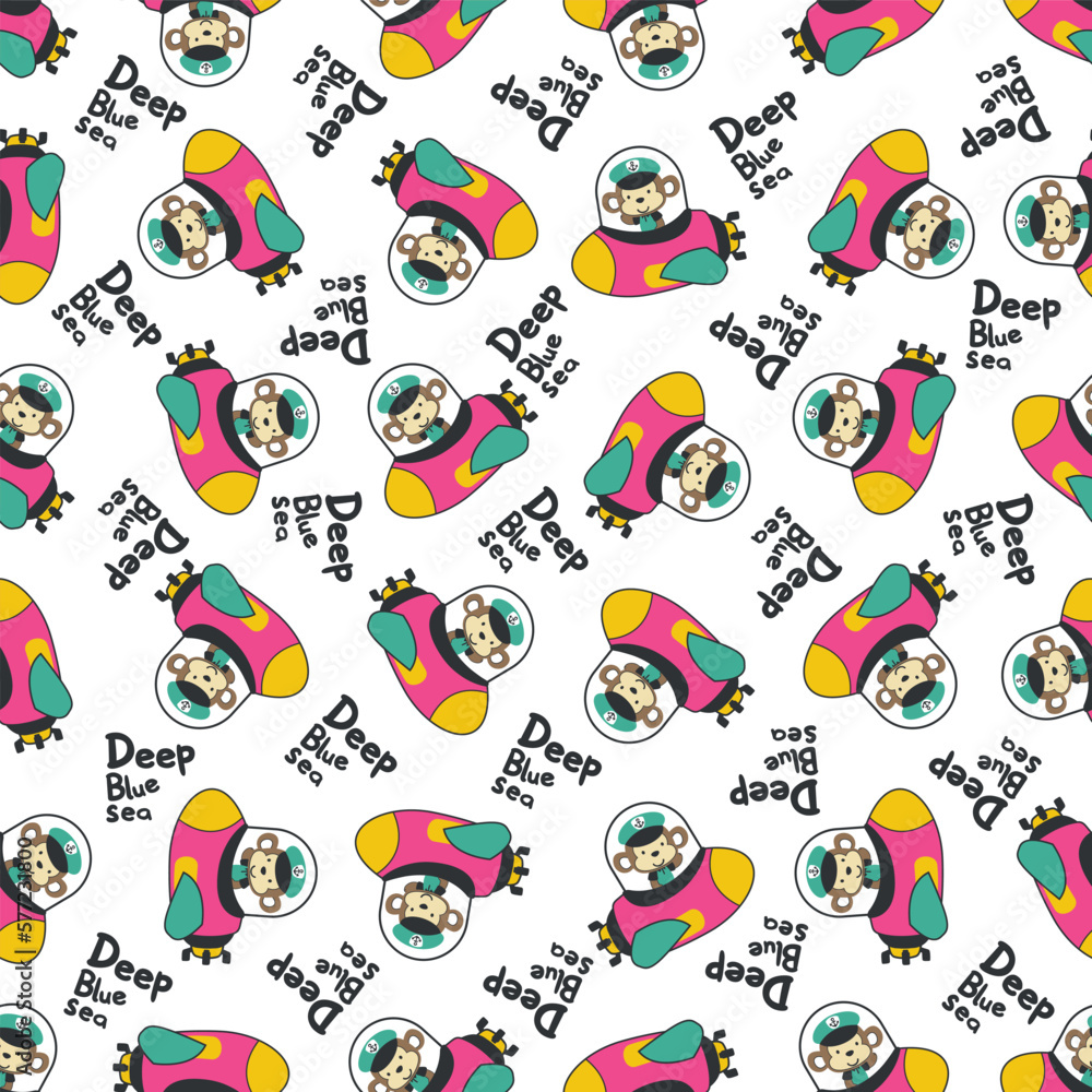 Fototapeta premium Seamless pattern of submarine with cute sailor under sea. Cute Marine pattern for fabric, baby clothes, background, textile, wrapping paper and other decoration.