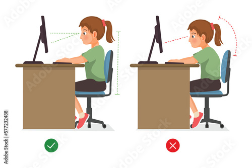 Correct Incorrect girl student sitting posture ergonomic when using a computer desktop for student