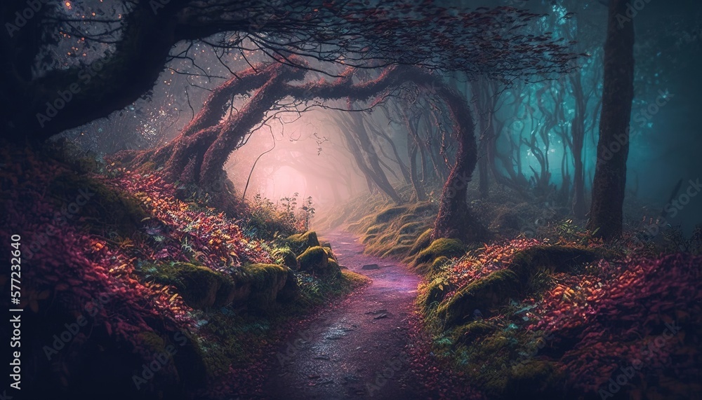 beautiful mystical Magic forest, fireflies fly in the fog, generative AI