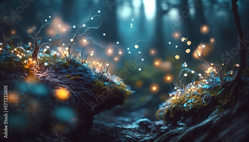 beautiful mystical Magic forest, fireflies fly in the fog, generative AI © Roman King