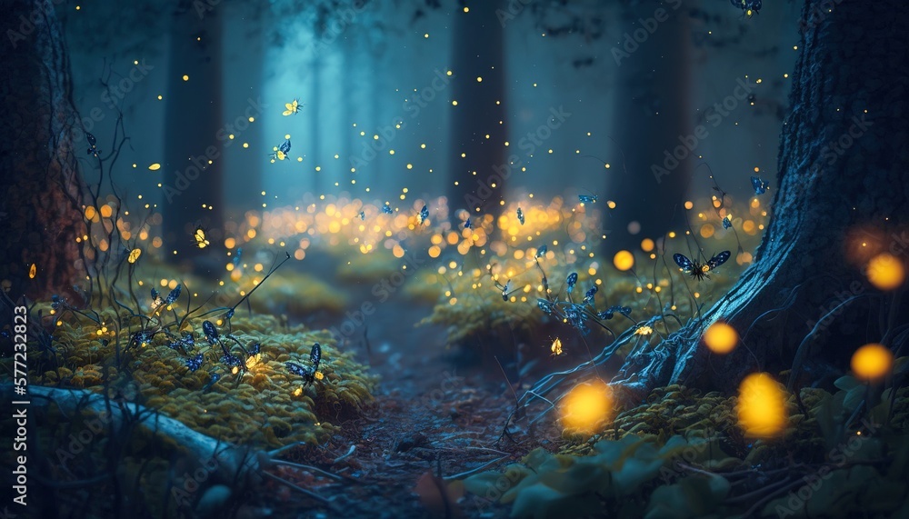Fototapeta premium beautiful mystical Magic forest, fireflies fly in the fog, generative AI