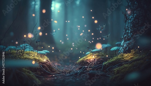 beautiful mystical Magic forest  fireflies fly in the fog  generative AI