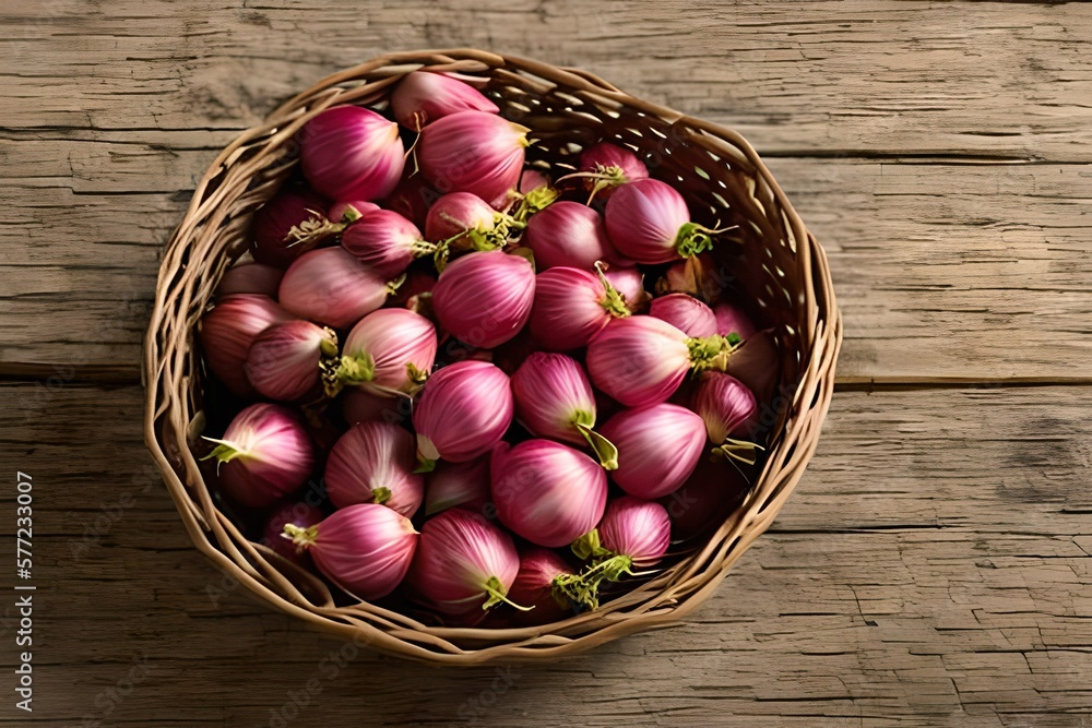 AI generated image of a basket of shallots. Shallots are very important ingredients in cooking AI generated image of a basket of shallots. Shallots are very important ingredients in cooking