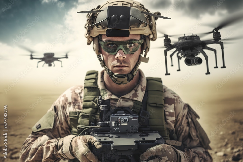 soldier in military uniform controls a quadcopter, generative AI soldier in military uniform controls a quadcopter, generative AI